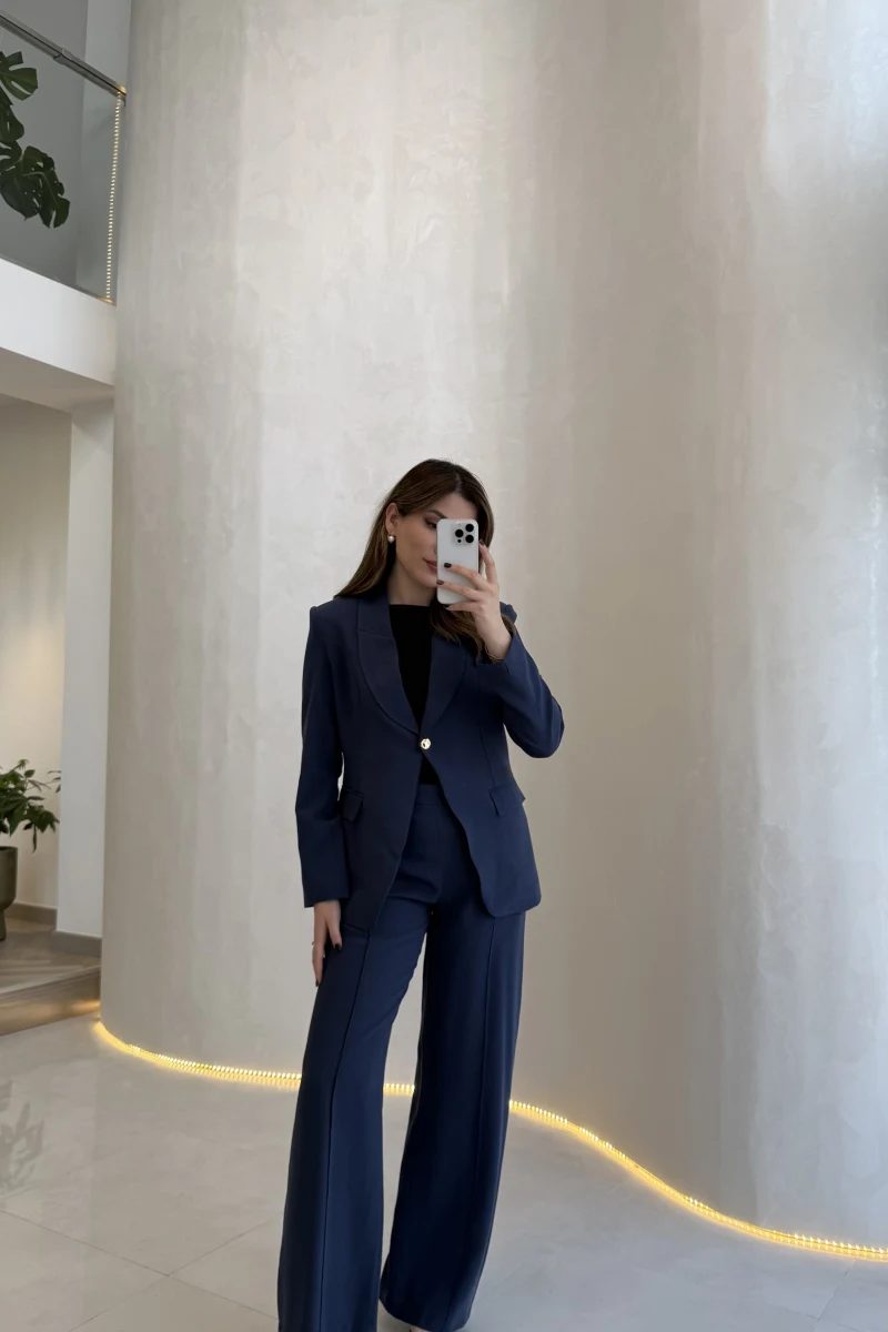 Lissome Gold Düğmeli Vatkalı Ceket-Pantolon Takım - Lacivert - Kod: 9031