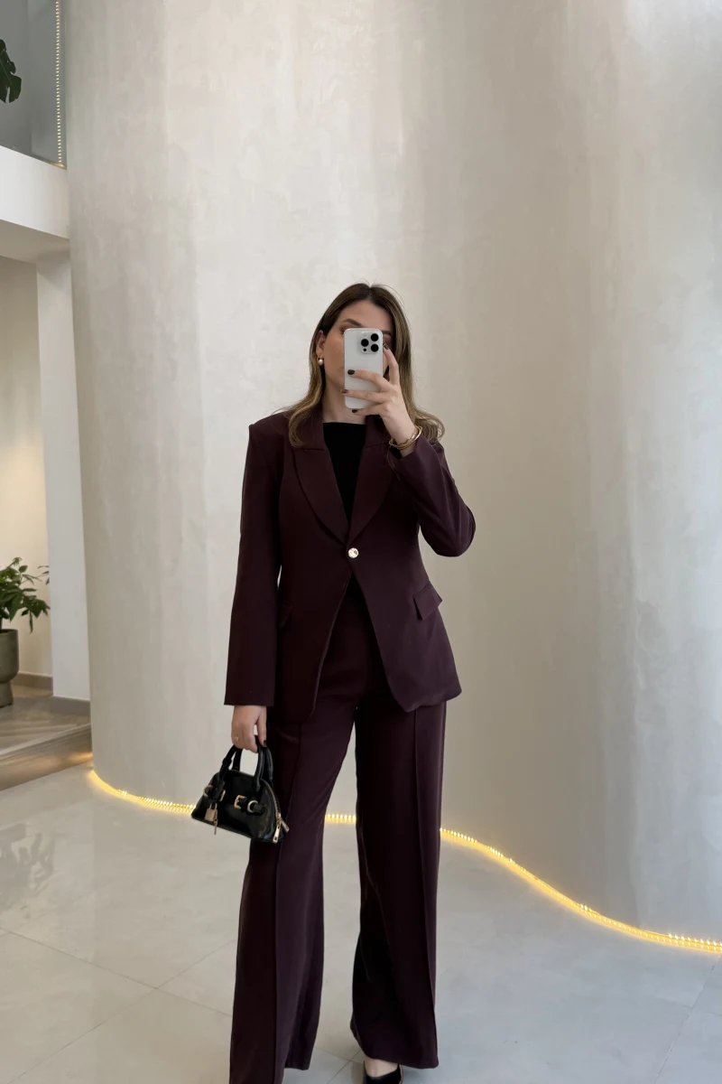 Lissome Gold Düğmeli Vatkalı Ceket-Pantolon Takım - Mürdüm - Kod: 9031