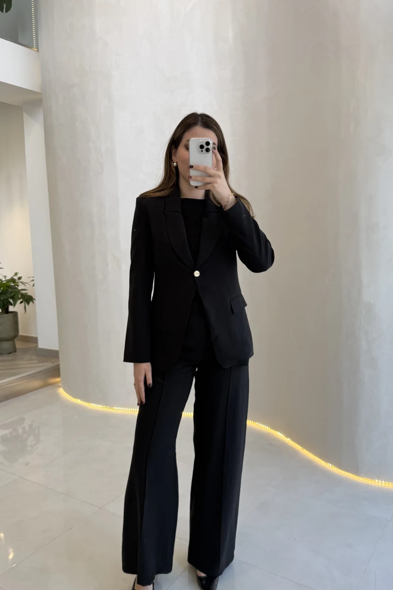 Lissome Gold Düğmeli Vatkalı Ceket-Pantolon Takım - Siyah - Kod: 9031