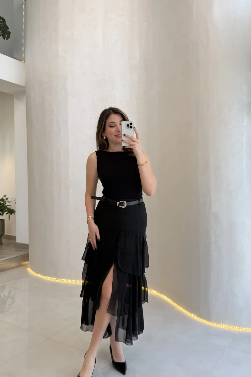 Gossamer Kemerli Yırtmaçlı Şifon Etek - Siyah - Kod: 1557