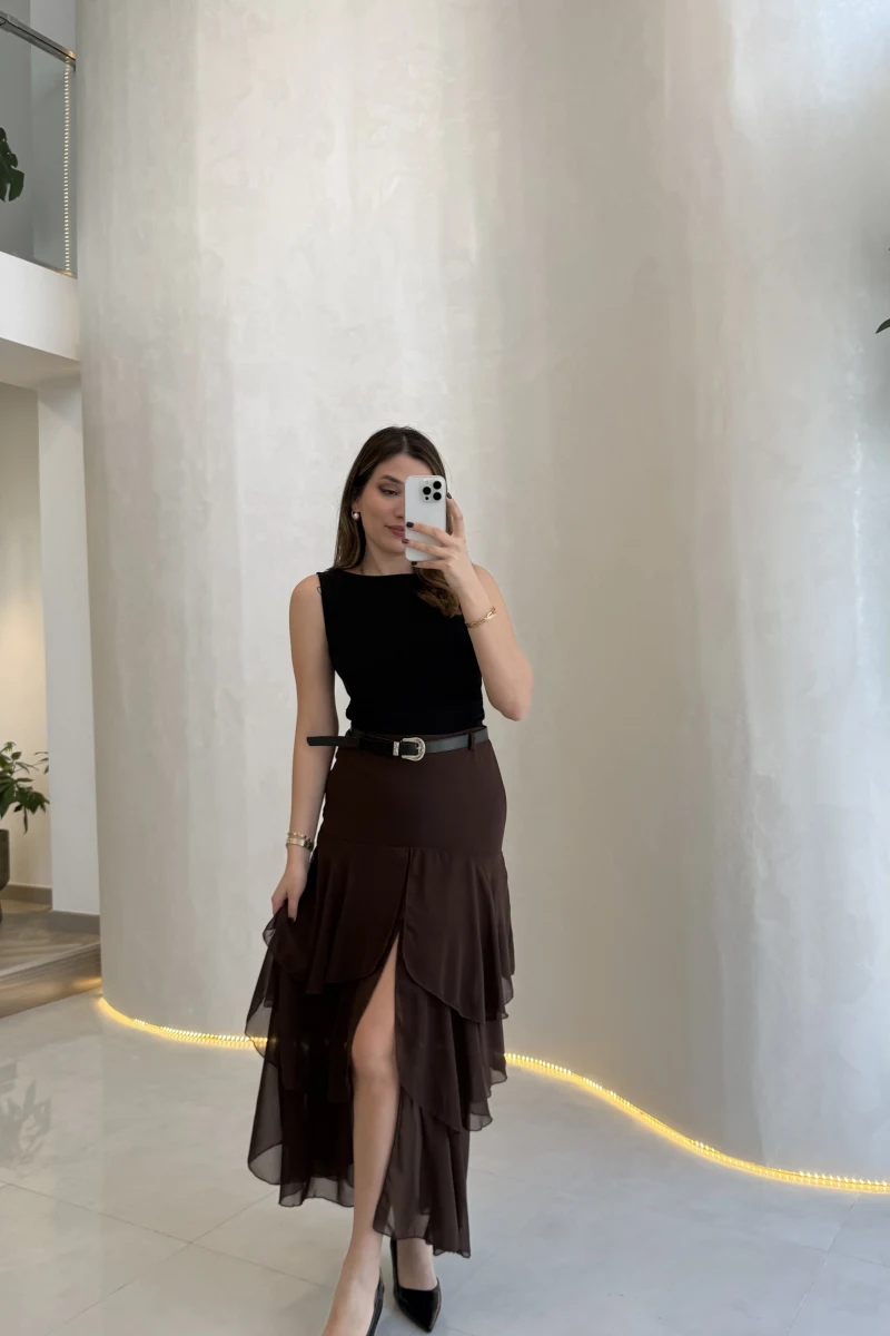 Gossamer Kemerli Yırtmaçlı Şifon Etek - Kahve - Kod: 1557