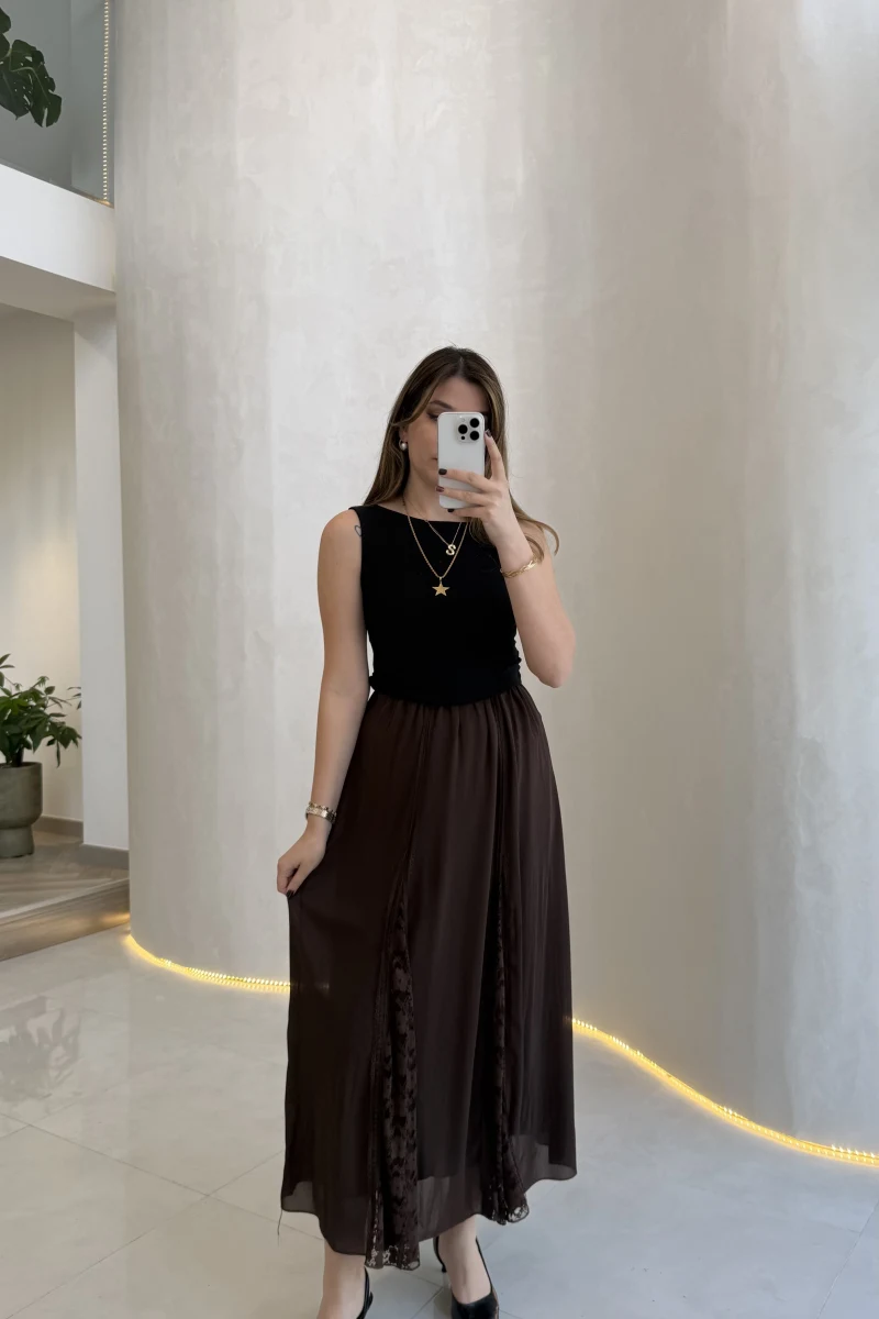 Finesse Astralı Dantel Detay Şifon Etek - Kahverengi - Kod: 3371