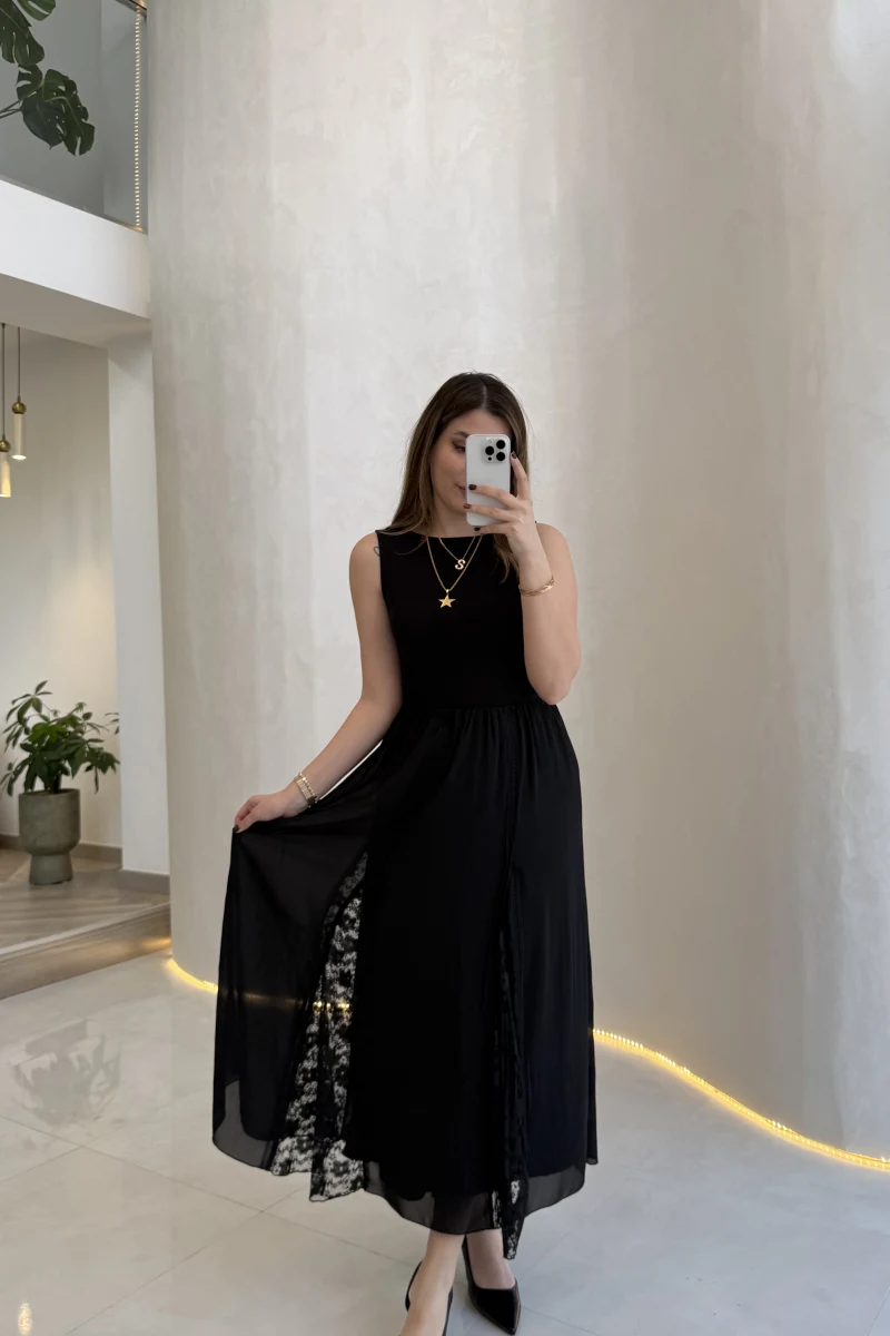 Finesse Astralı Dantel Detay Şifon Etek - Siyah - Kod: 3371
