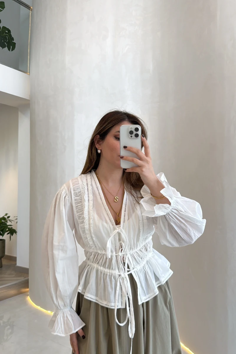 Felicity Balon Kol Beli Büzgü Bağlamalı Gömlek - Ekru - Kod: 01625