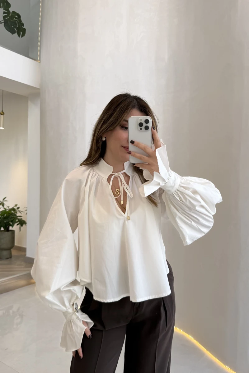 Soleil Bilek Detay Balon Kol Bluz - Beyaz - Kod: 112254