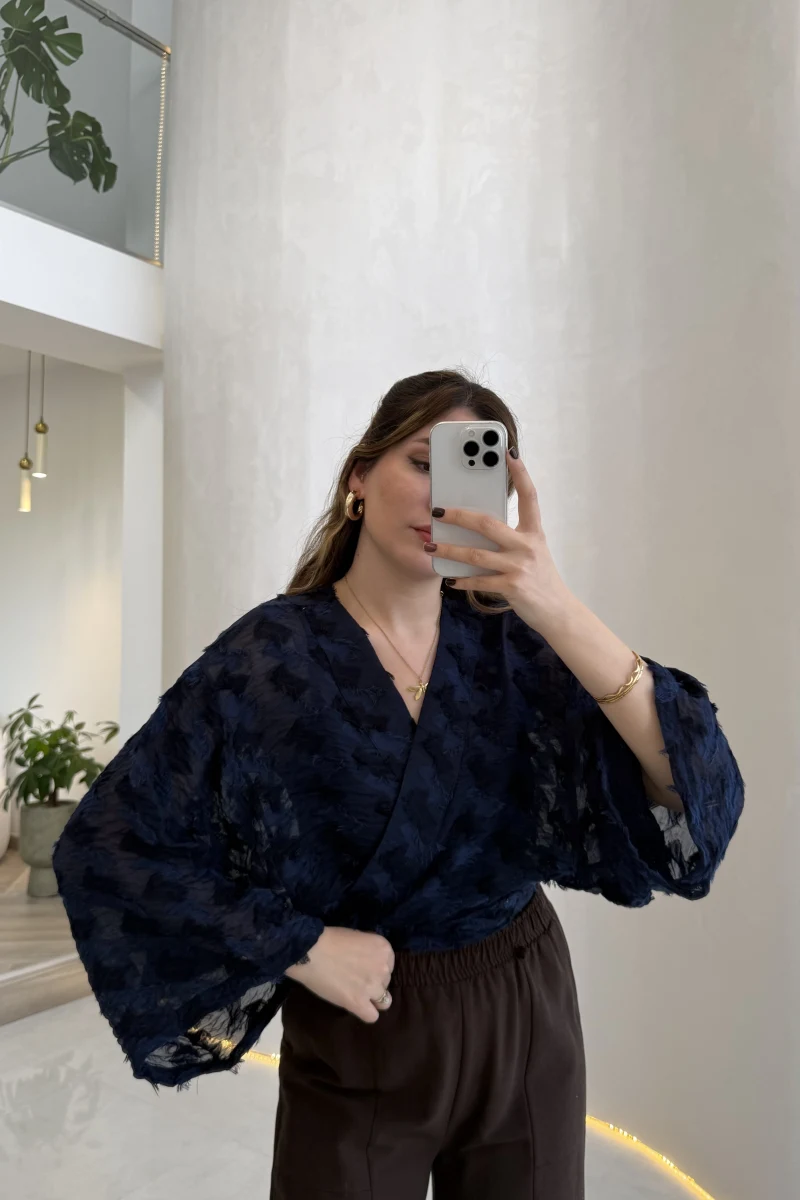 Nila Bağlamalı Püsküllü Kimono - Lacivert - Kod: 7048