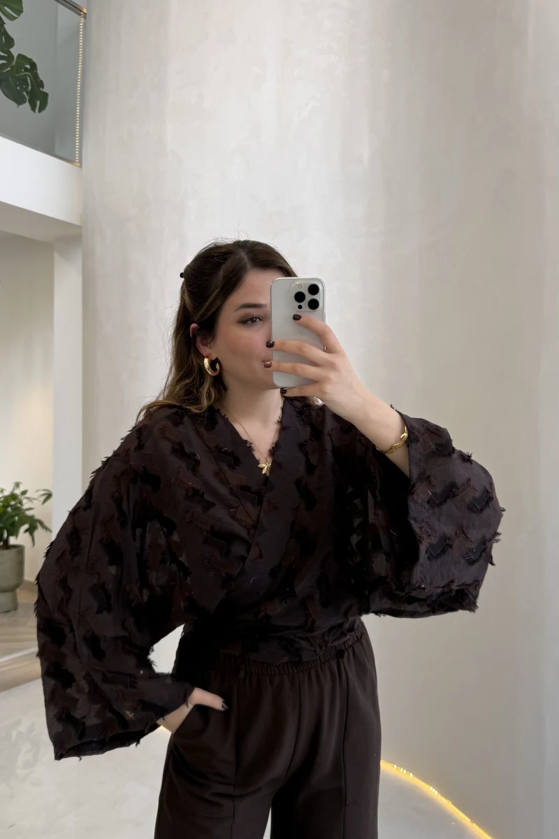 Nila Bağlamalı Püsküllü Kimono - Acı Kahve - Kod: 7048