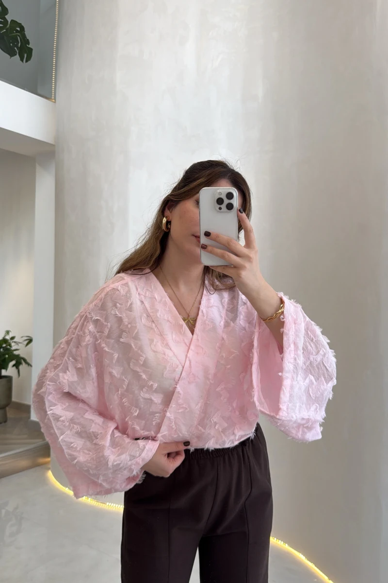 Nila Bağlamalı Püsküllü Kimono - Pembe - Kod: 7048