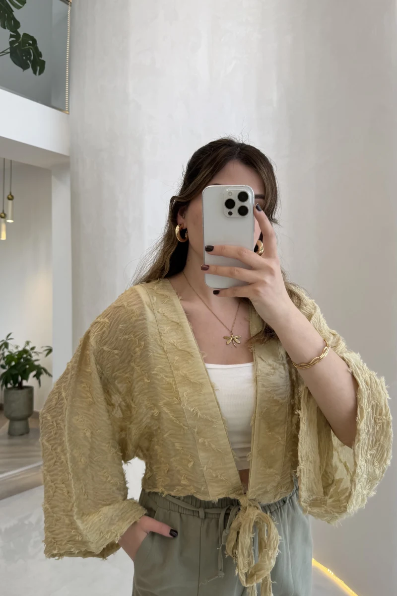 Nila Bağlamalı Püsküllü Kimono - Yeşil - Kod: 7048