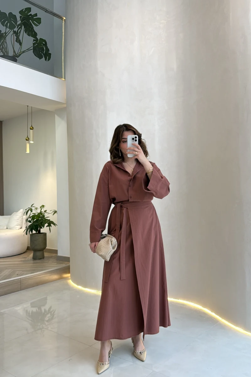 Elegant Yandan Bağlamalı Etek Gömlek Takım - Kiremit - Kod: 8973