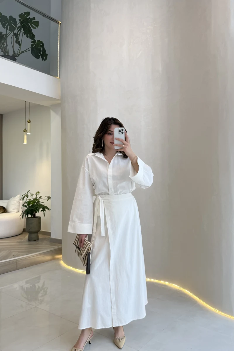 Elegant Yandan Bağlamalı Etek Gömlek Takım - Beyaz - Kod: 8973