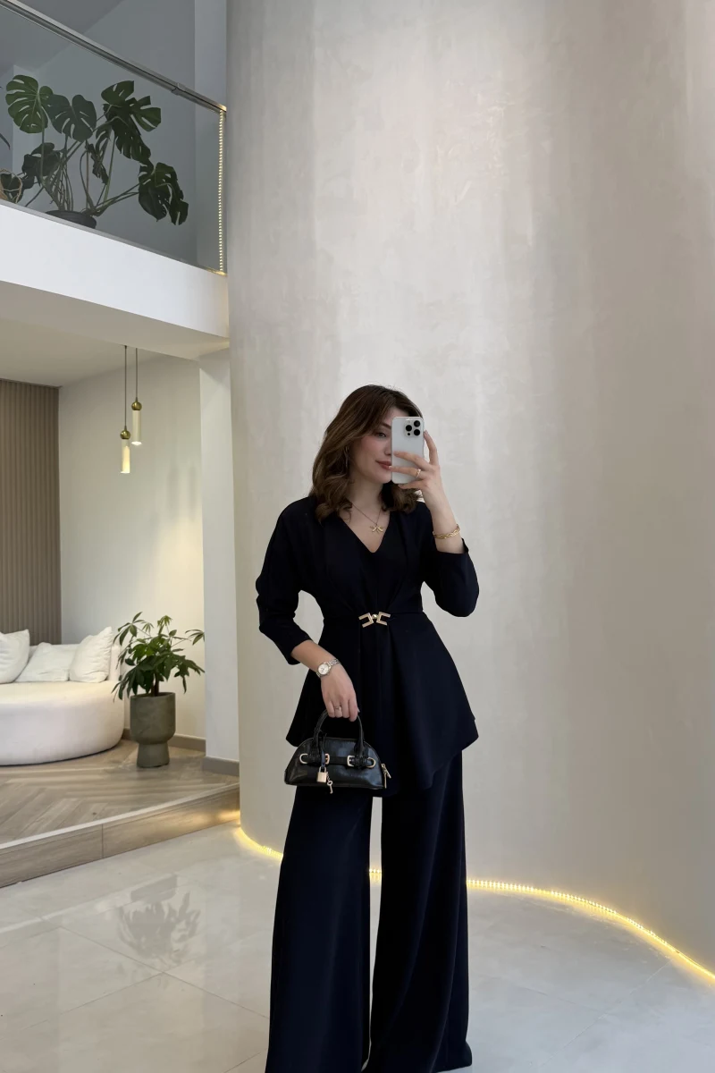 Beli Toka Detaylı Bluz Pantolon Takım - Lacivert - Kod: 9399