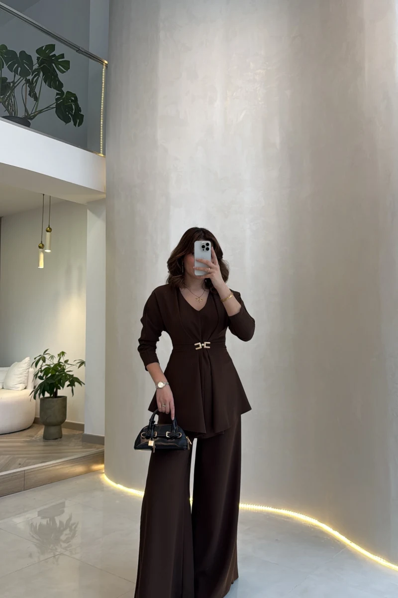 Beli Toka Detaylı Bluz Pantolon Takım - Kahverengi - Kod: 9399