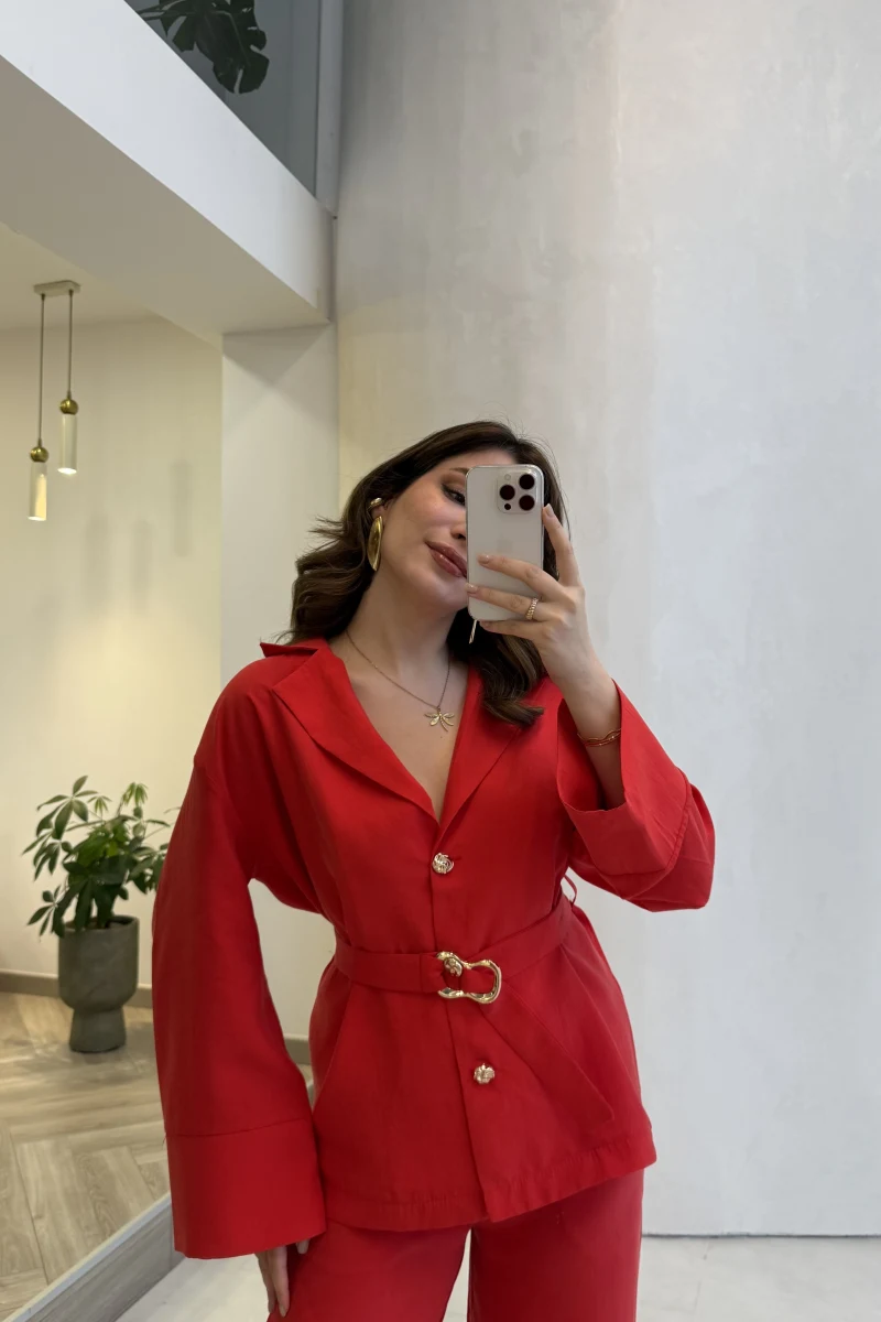 Toka Detay Kemerli Tunik Takım - Kırmızı - Kod: 8927