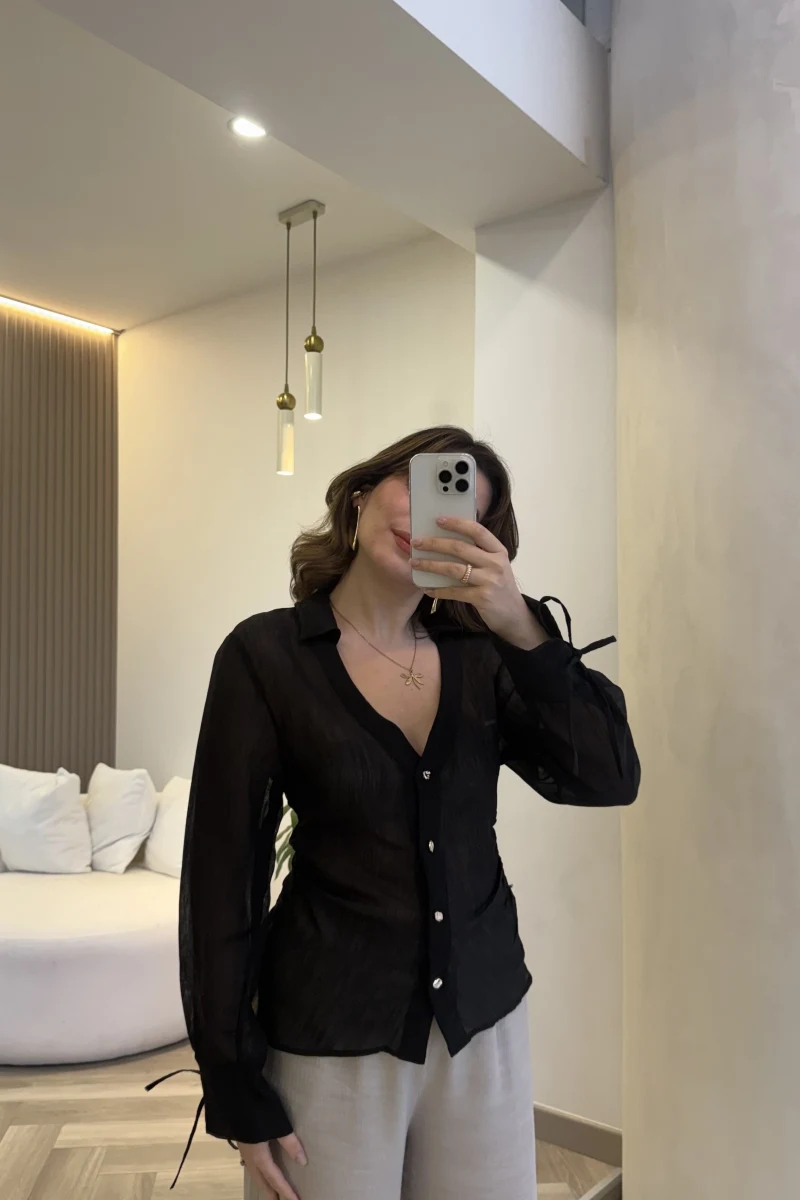 Merely Beli Büzgü Detayı Gömlek - Siyah - Kod:123