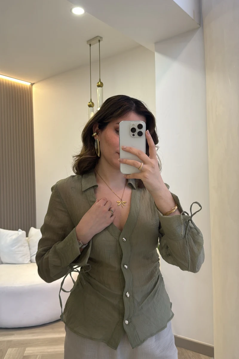 Merely Beli Büzgü Detayı Gömlek - Yeşil - Kod:123