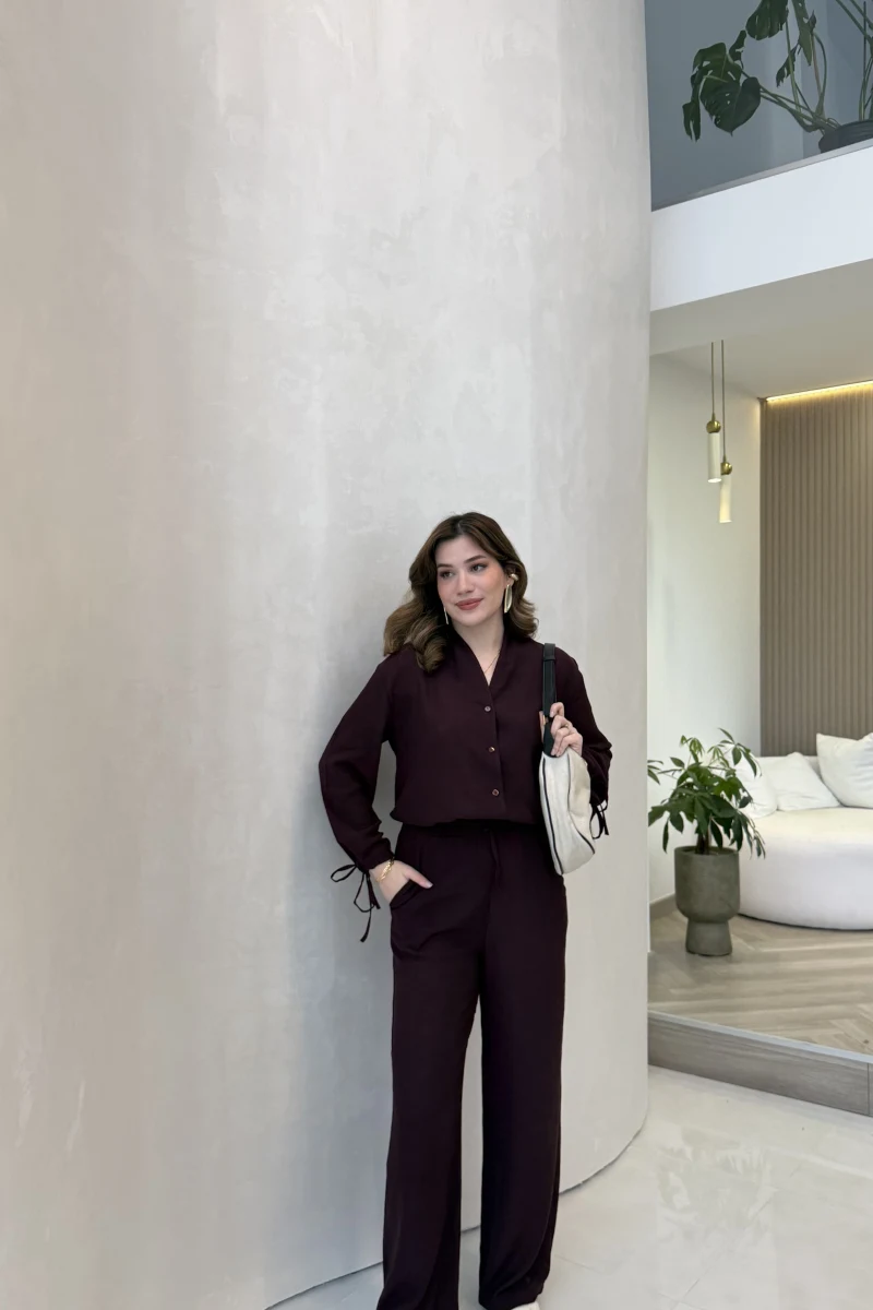 Library V Yaka Bilek Detaylı Gömlek Takım - Mürdüm - Kod: 9050