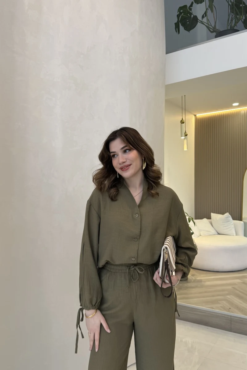 Library V Yaka Bilek Detaylı Gömlek Takım - Haki - Kod: 9050