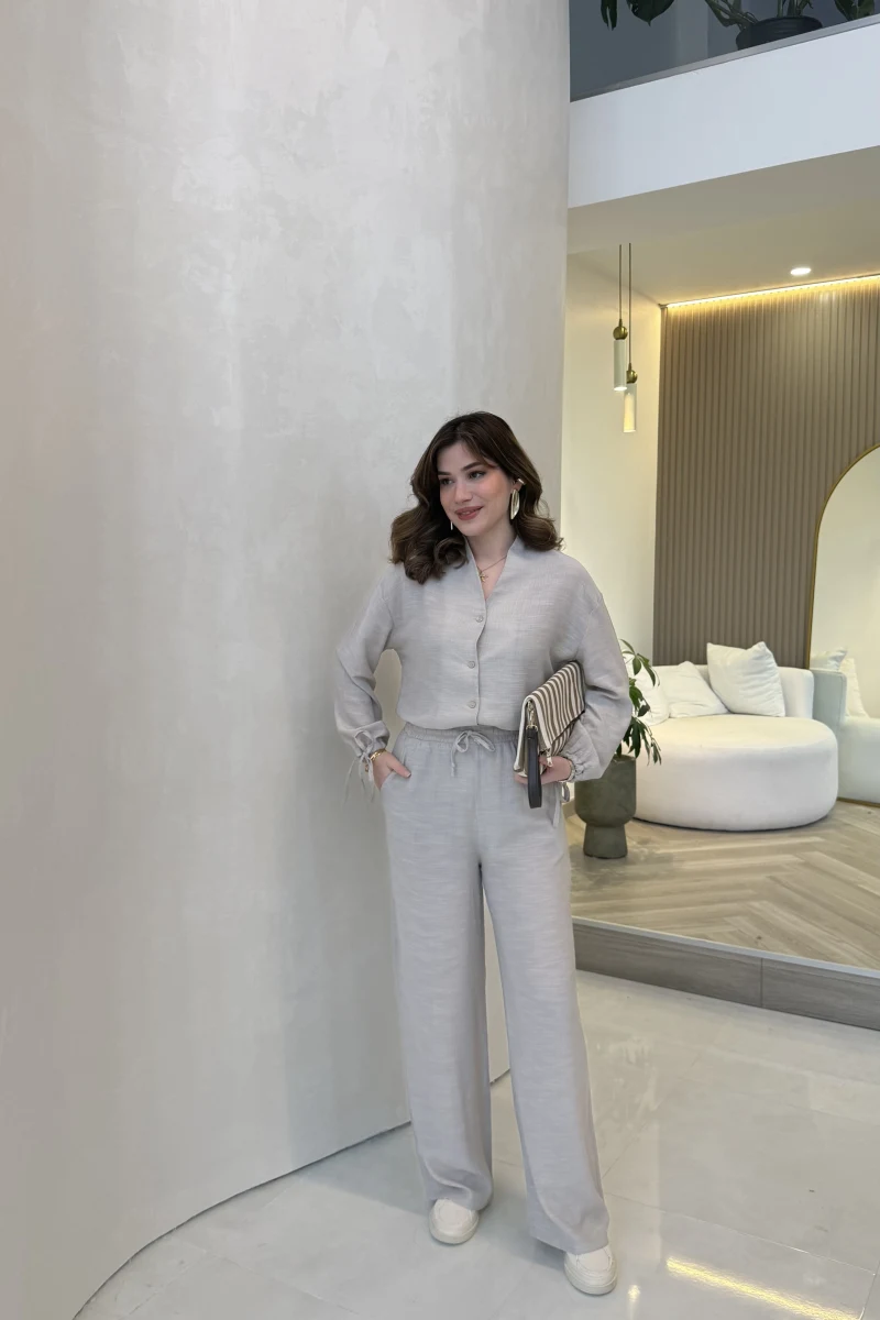 Library V Yaka Bilek Detaylı Gömlek Takım - Taş - Kod: 9050