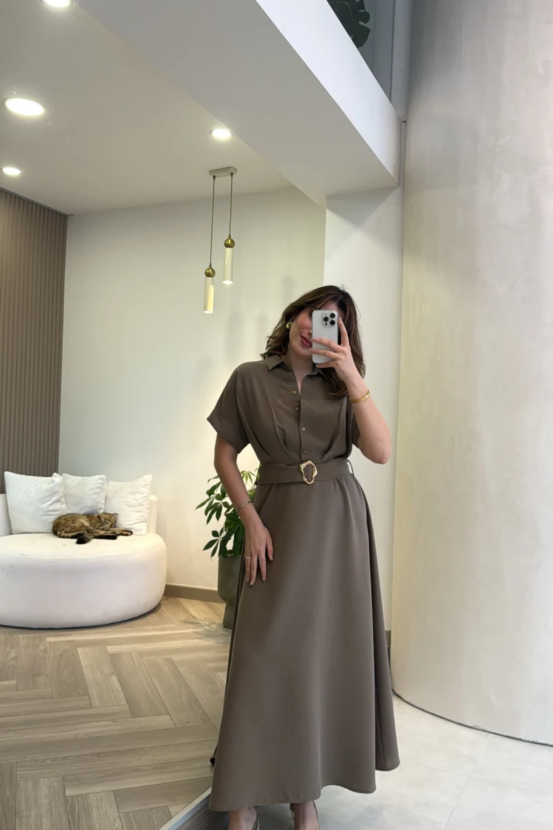 Kemer Detay Düğmeli Kısa Kol Elbise - Haki - Kod: 2376