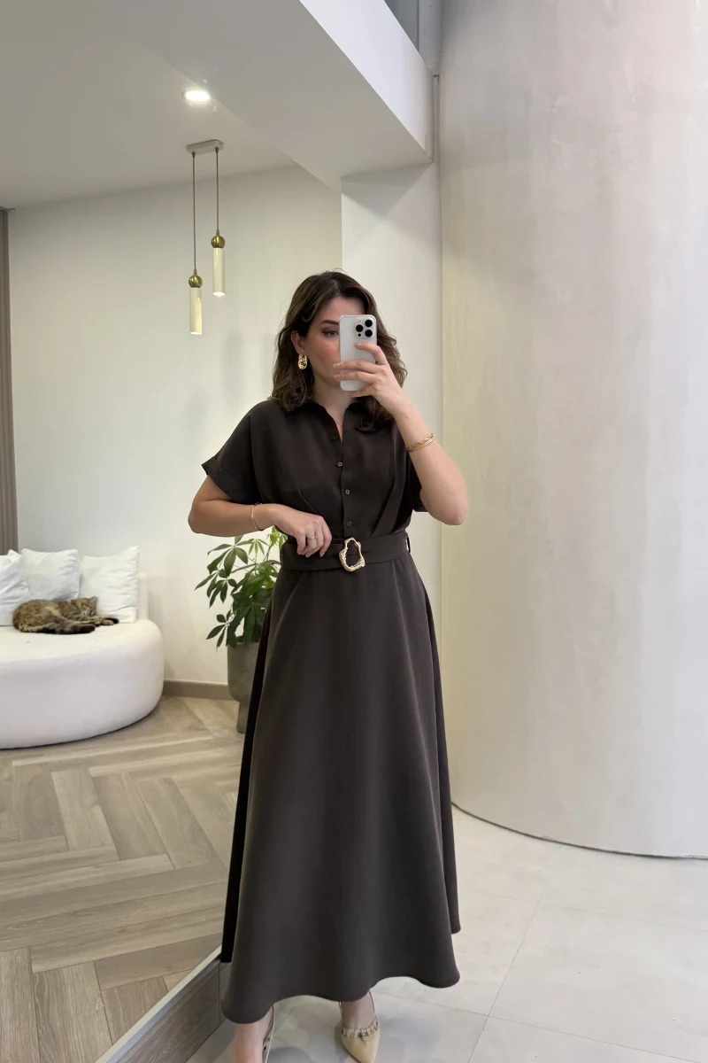 Kemer Detay Düğmeli Kısa Kol Elbise - Kahve - Kod: 2376