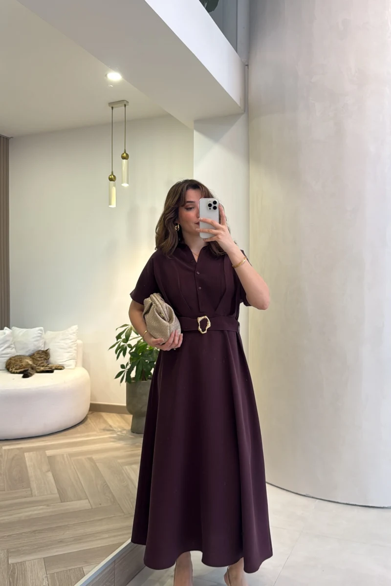 Kemer Detay Düğmeli Kısa Kol Elbise - Mürdüm - Kod: 2376