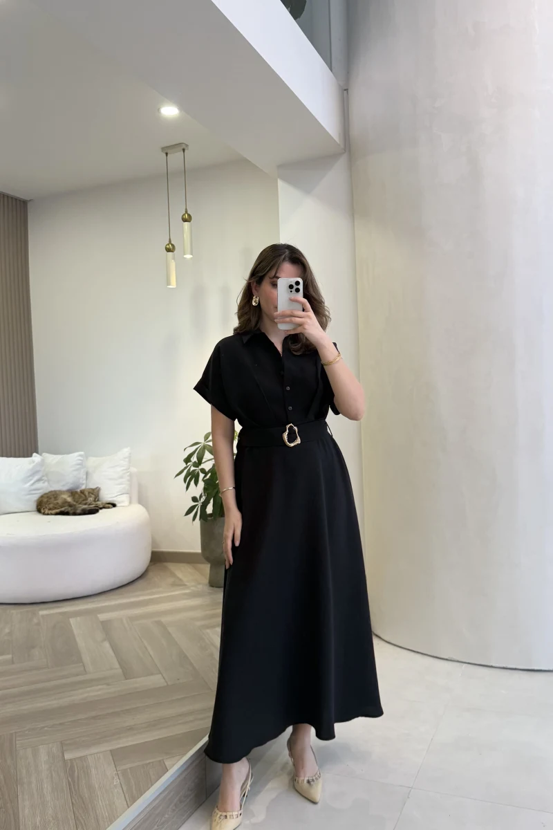 Kemer Detay Düğmeli Kısa Kol Elbise - Siyah - Kod: 2376