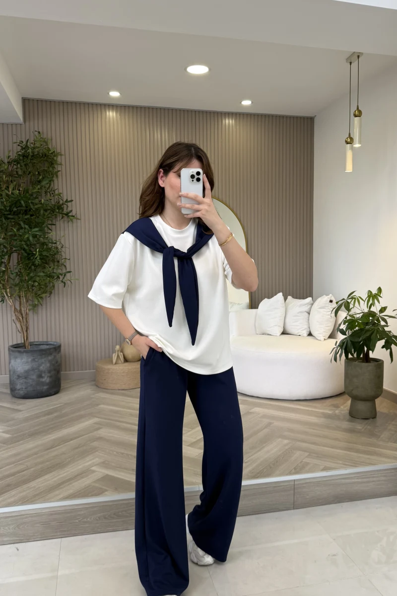 Fular Detaylı Modal T-shirt Eşofman Takım - Lacivert - Kod: 4116