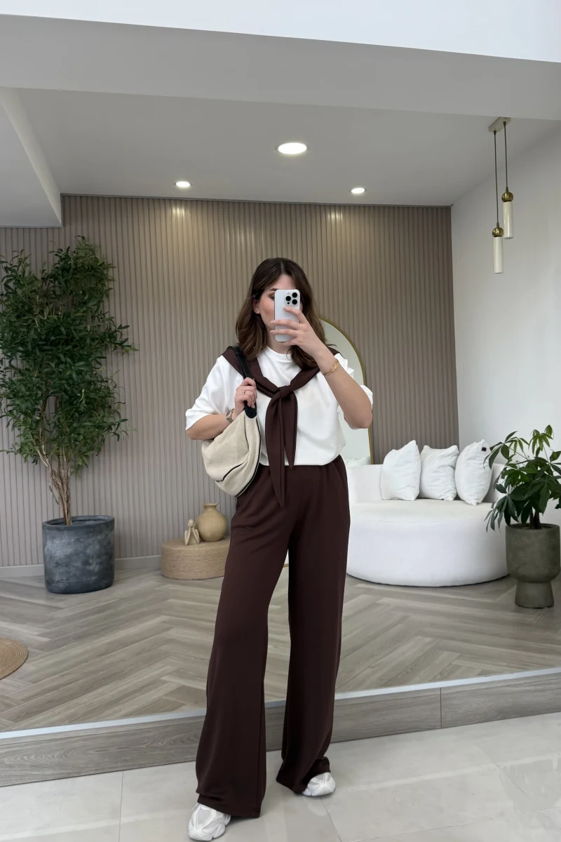 Fular Detaylı Modal T-shirt Eşofman Takım - Kahverengi - Kod: 4116