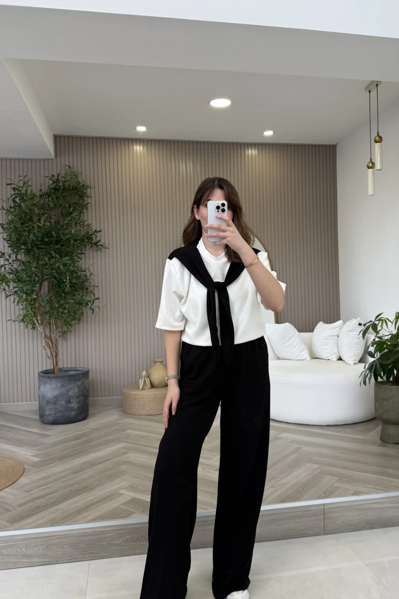 Fular Detaylı Modal T-shirt Eşofman Takım - Siyah - Kod: 4116