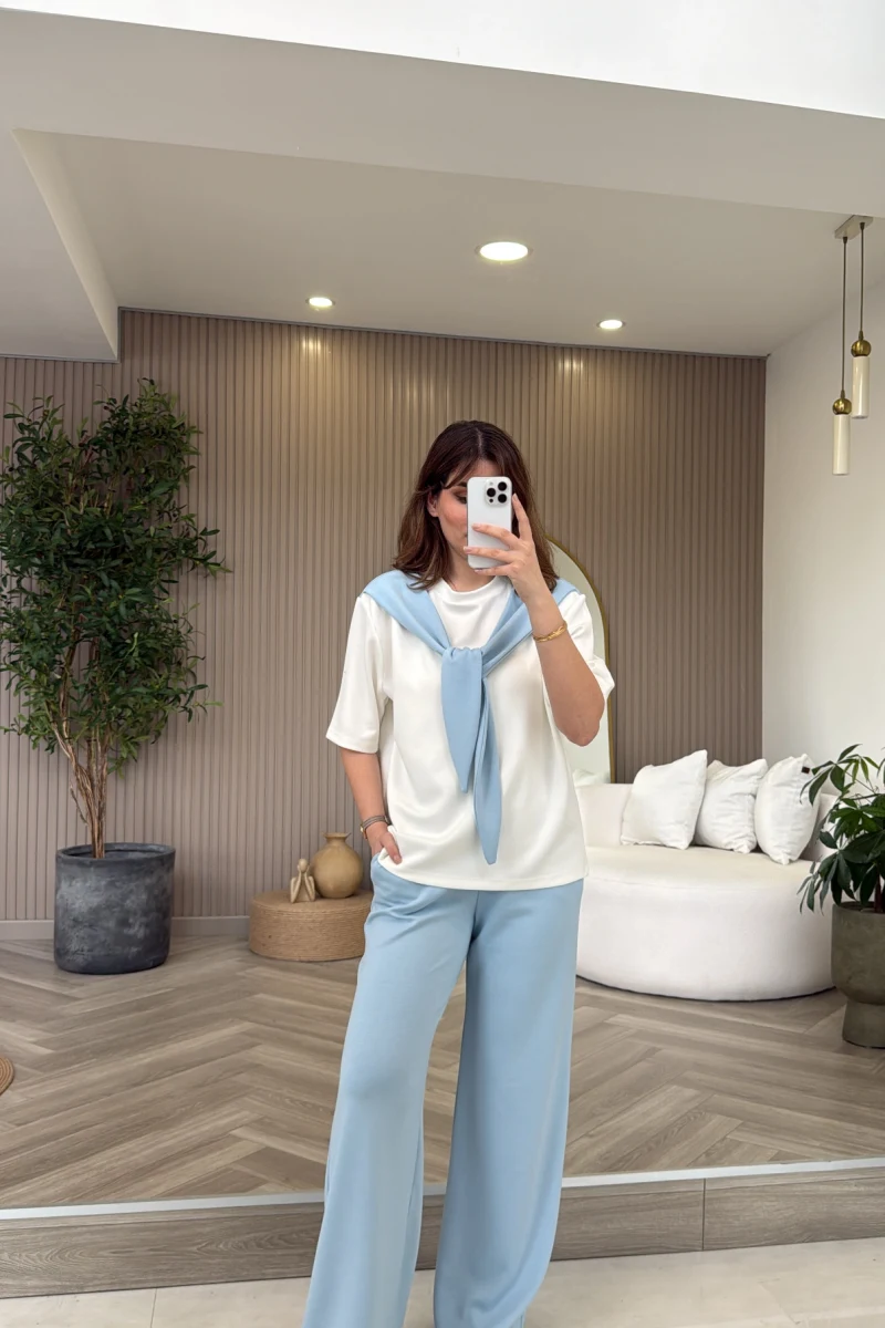 Fular Detaylı Modal T-shirt Eşofman Takım - Mavi - Kod: 4116