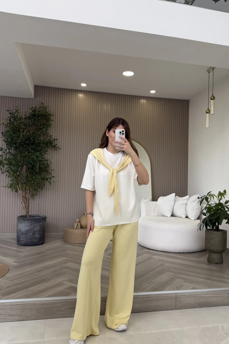 Fular Detaylı Modal T-shirt Eşofman Takım - Sarı - Kod: 4116