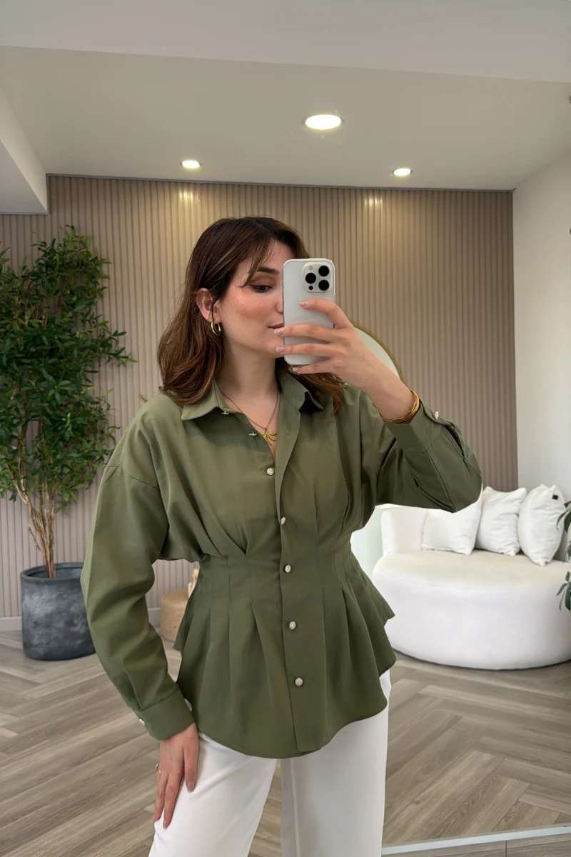 Taş Düğme Detaylı Beli Pileli Gömlek - Çağla - Kod: 2247