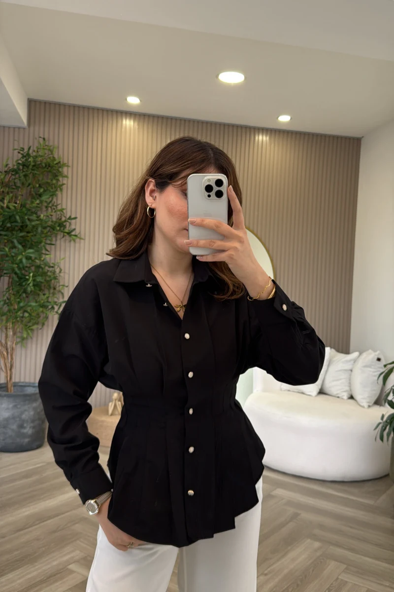 Taş Düğme Detaylı Beli Pileli Gömlek - Siyah - Kod: 2247