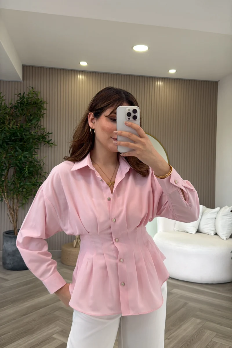 Taş Düğme Detaylı Beli Pileli Gömlek - Pembe - Kod: 2247