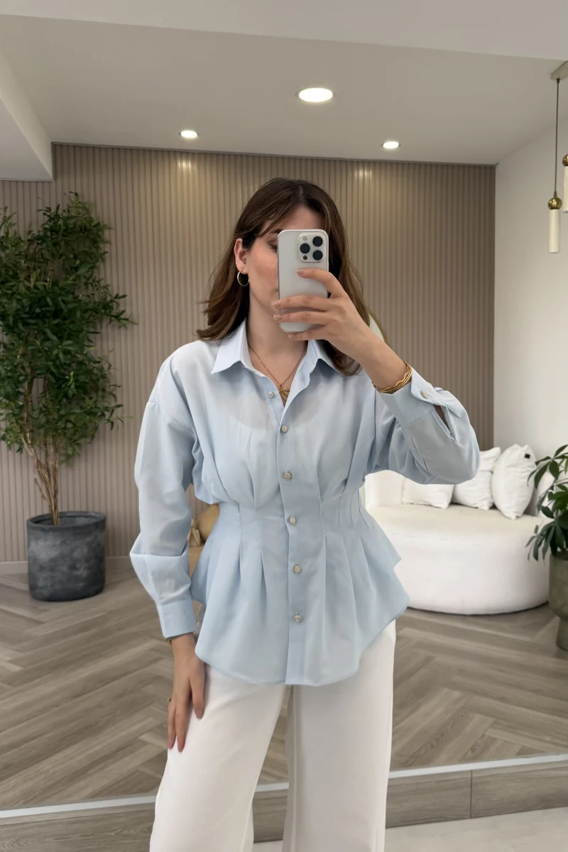 Taş Düğme Detaylı Beli Pileli Gömlek - Mavi - Kod: 2247