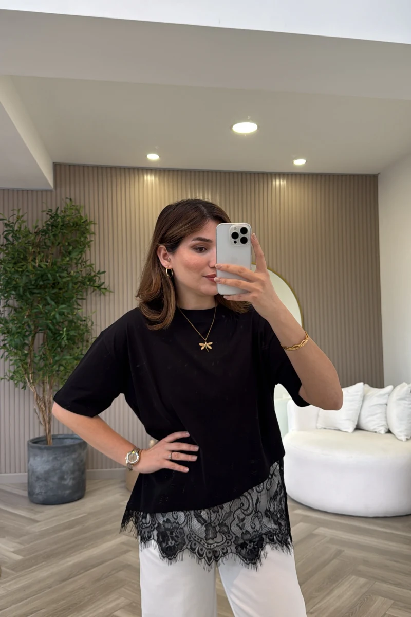 Dyla Dantel Detay Kısa Kol T-shirt - Siyah