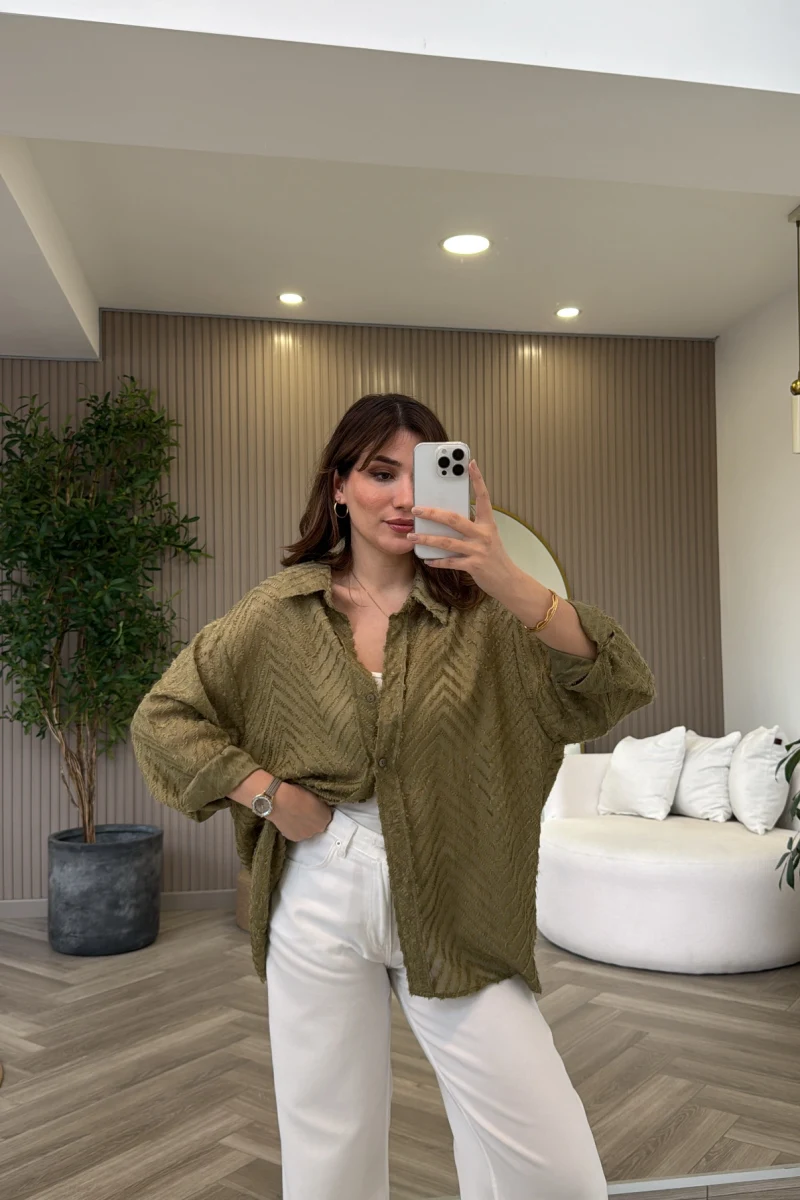 Geraldine Püsküllü İnce Uzun Gömlek - Haki - Kod: 2252