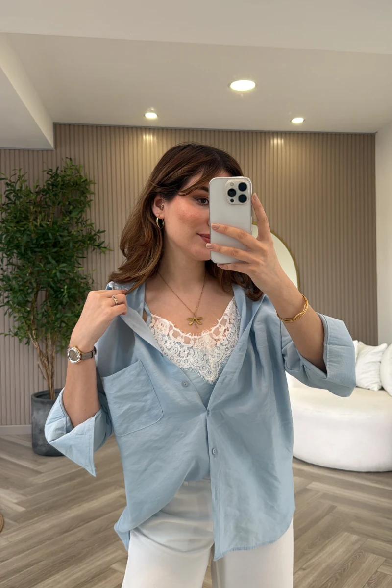 İçi Askılı Dantel Detaylı Gömlek - Mavi - Kod: 2209