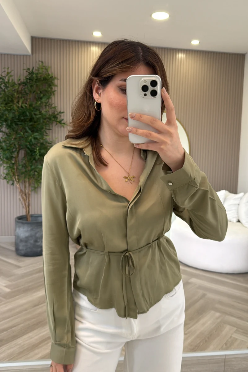 Bağcıklı Dökümlü Gömlek - Haki - Kod: 124