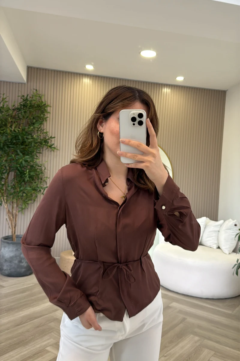 Bağcıklı Dökümlü Gömlek - Kahve - Kod: 124