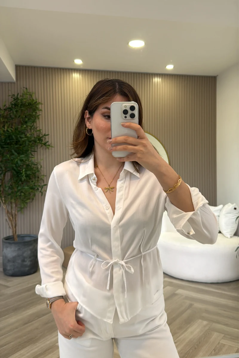 Bağcıklı Dökümlü Gömlek - Ekru - Kod: 124