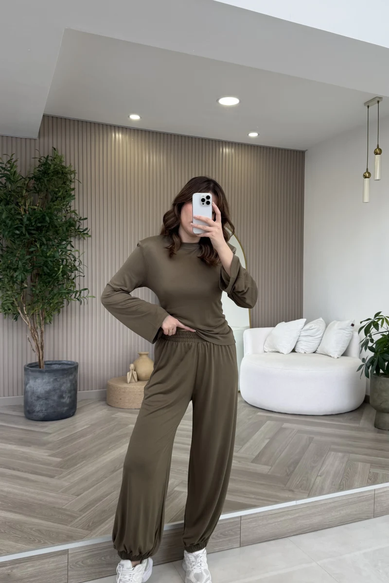 Beli Bağcıklı Uzun Kollu Bluz Eşofman Takım - Haki