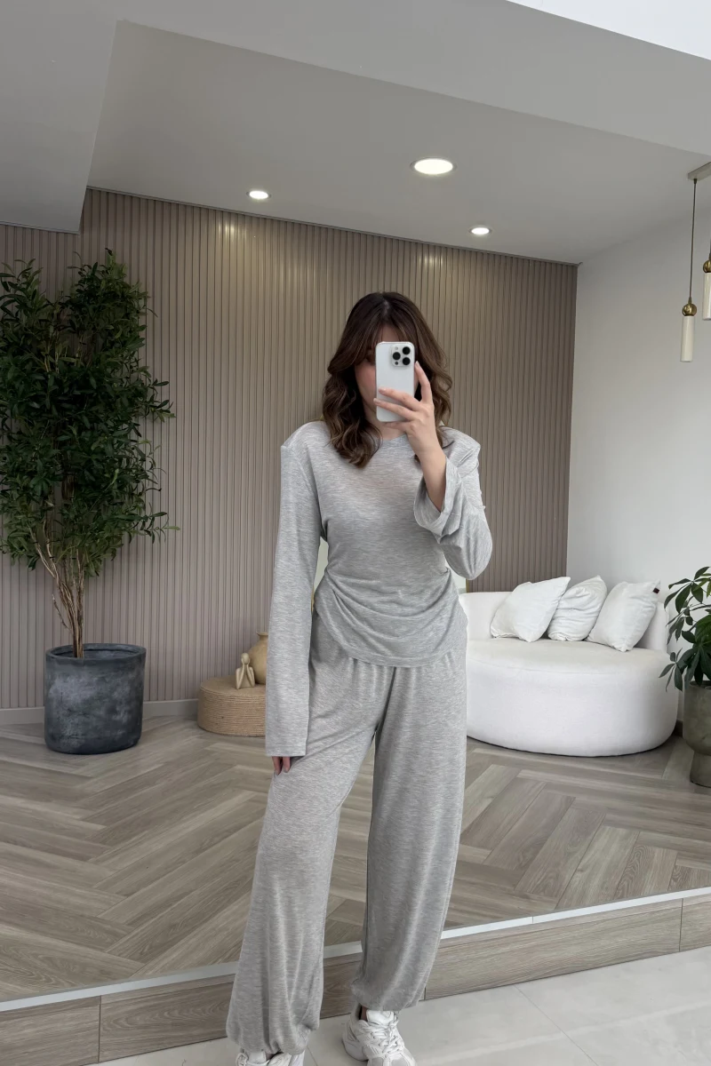 Beli Bağcıklı Uzun Kollu Bluz Eşofman Takım - Gri