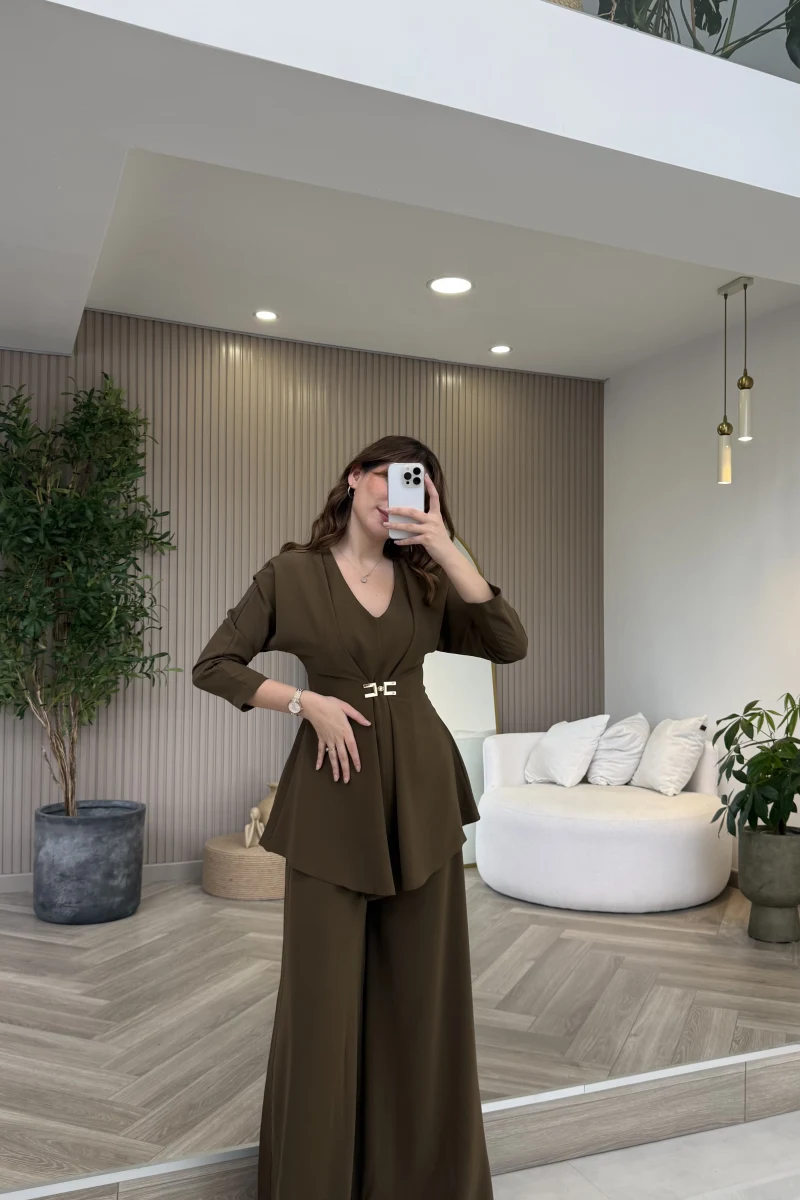 Beli Toka Detaylı Bluz Pantolon Takım - Haki - Kod: 9399