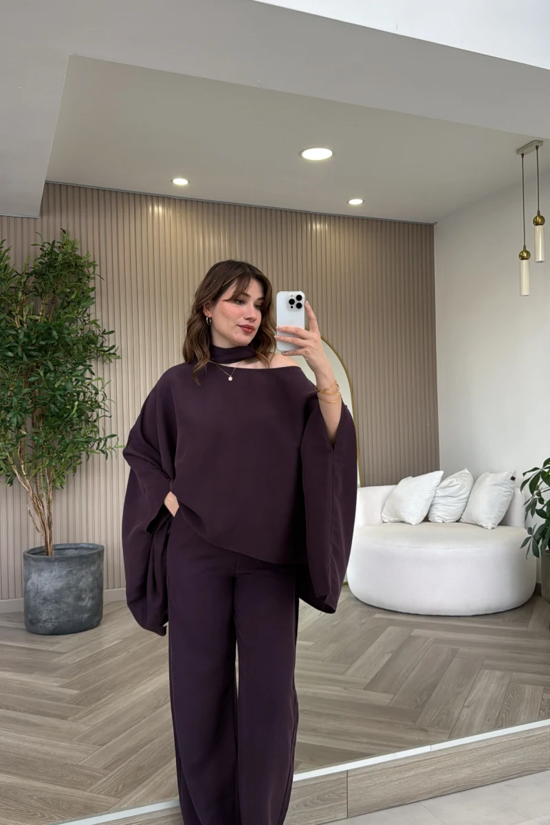 Monti Fular Detay Pelerin Takım - Mürdüm - Kod: 9042