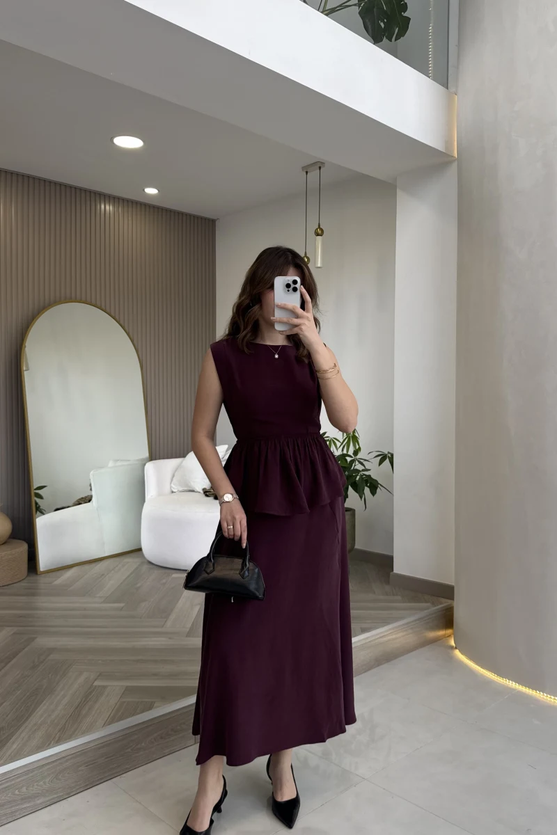 Volanlı Sıfır Kol Elbise - Bordo