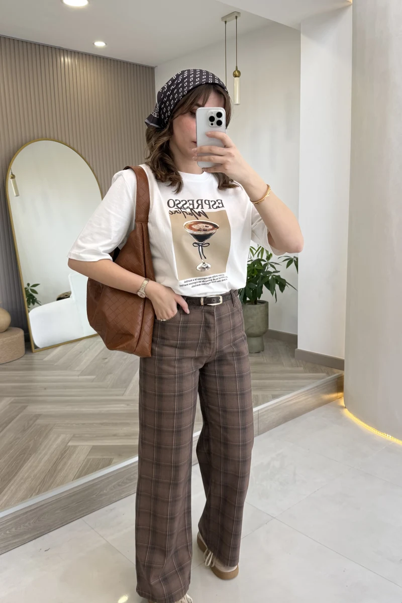 Ekose Desenli Yüksek Bel Denim Jean Pantolon - Kahverengi