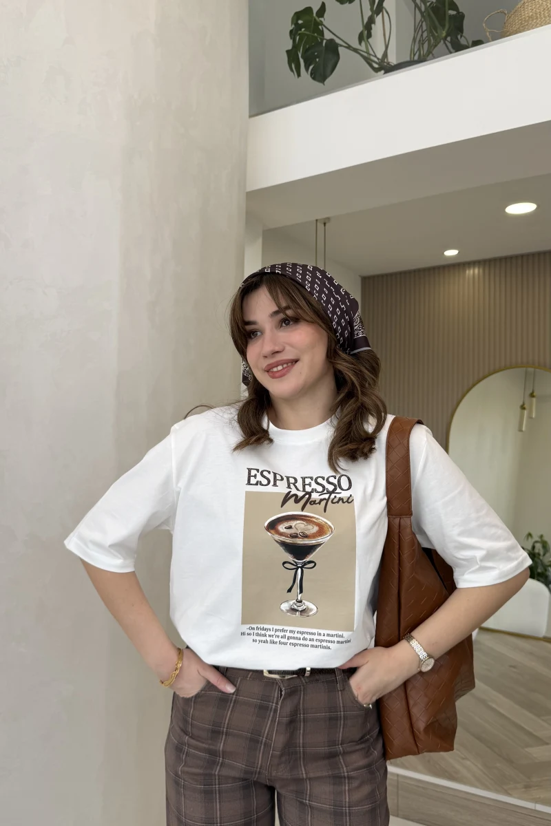 Espresso Baskılı T-shirt - Ekru - Kod: 0932