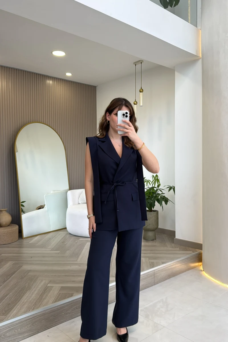 Napolı Omuz Detay Bağcıklı Yelek Takım - Lacivert - Kod: 8005